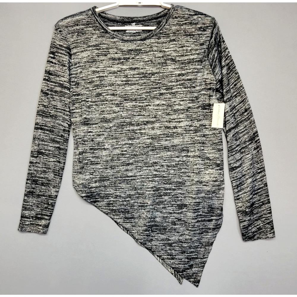 Bobbie Brooks Knit Asymmetrical Top Womens L Black Marled Long Sleeves Soft